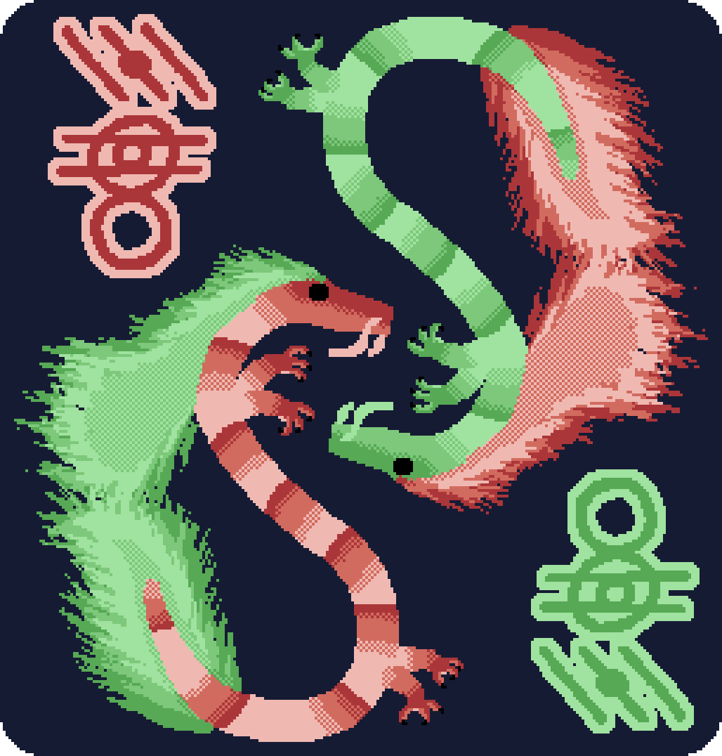 two dragons, one with a green mane and red scales, the other swapped. the second dragon is upside down and nested in the first. alien glyphs sit in the corner. they translate to 