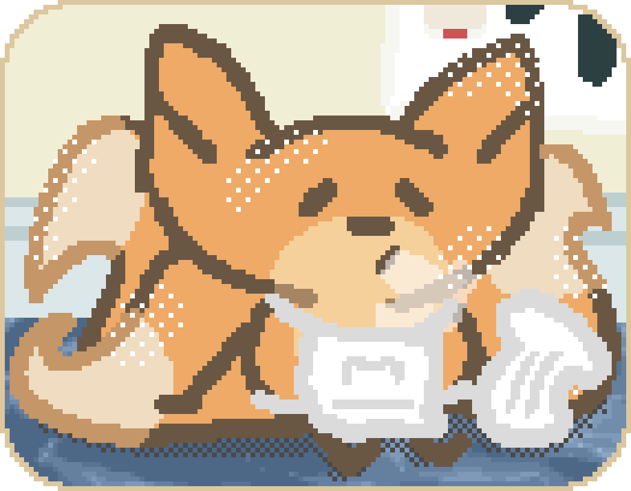 beefox sitting on a kitchen counter, wearing a apron and sitting next to a chef hat. star is covered in flower and exhuasted