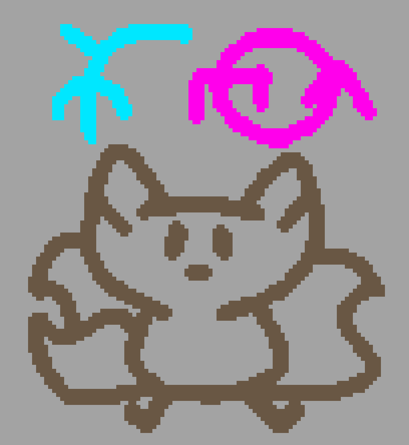 a three tailed fox sitting under a strange language reading "ble møl"