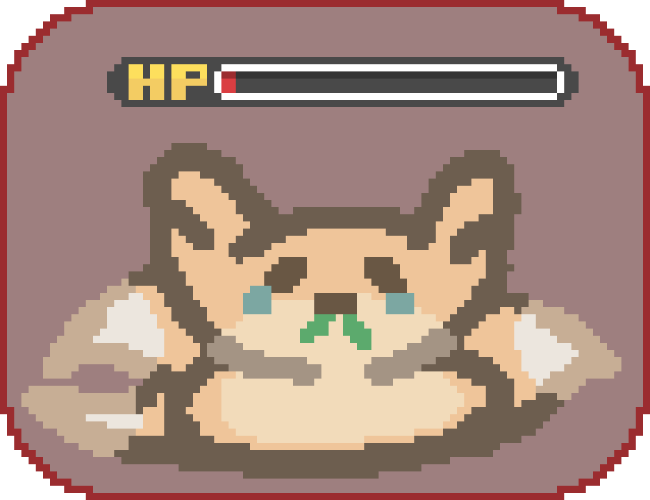 beefox looking deflated, crying and snotty, with a hp bar above star and only a tiny amount left