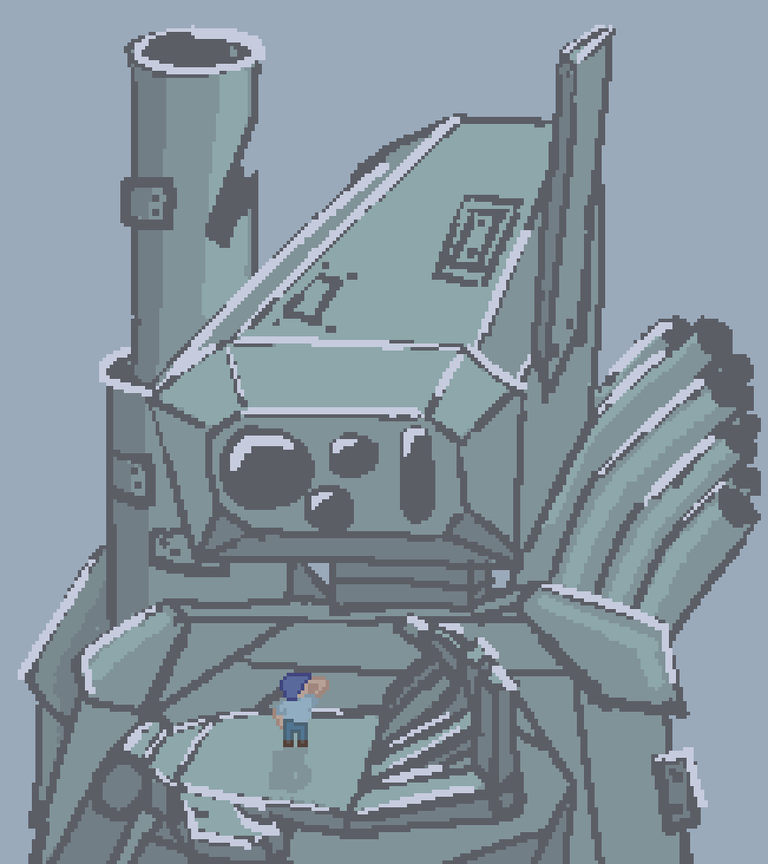 a mech looking down at a human on its palm