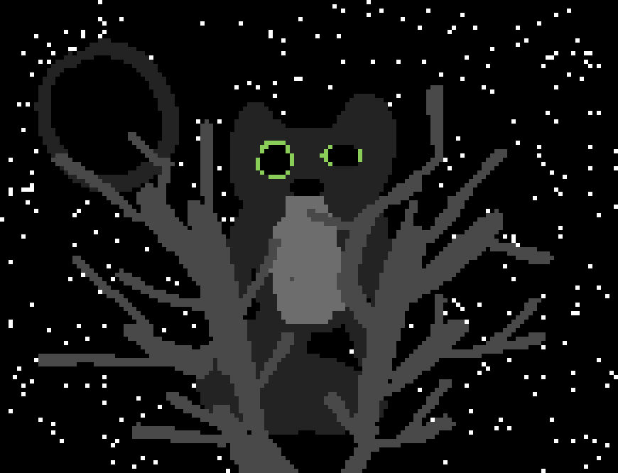 a cat looking down at the viewer from a tree branch on a new moon night