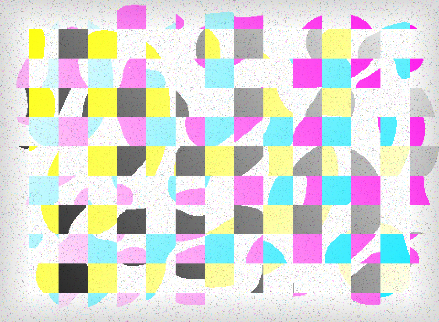 abstract art of several different shapes in a checkerboard pattern, as if 4 images overlayed. cyan magenta yellow and black shapes and noise fill the canvas