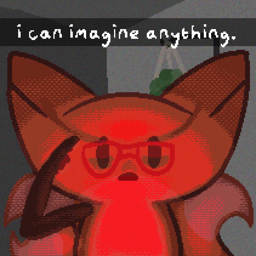 bee with red light shining up at them, hard shadows and noise in the background. star is holding one finger to star forehead and is wearing glasses. a caption reads