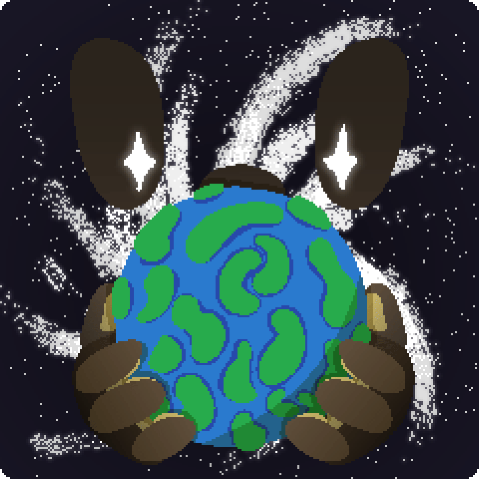 bee holding a world in star hands, star is formless and just a pair of eyes, snout, and paws set against a spiral galaxy. the world floats up and down gently. 