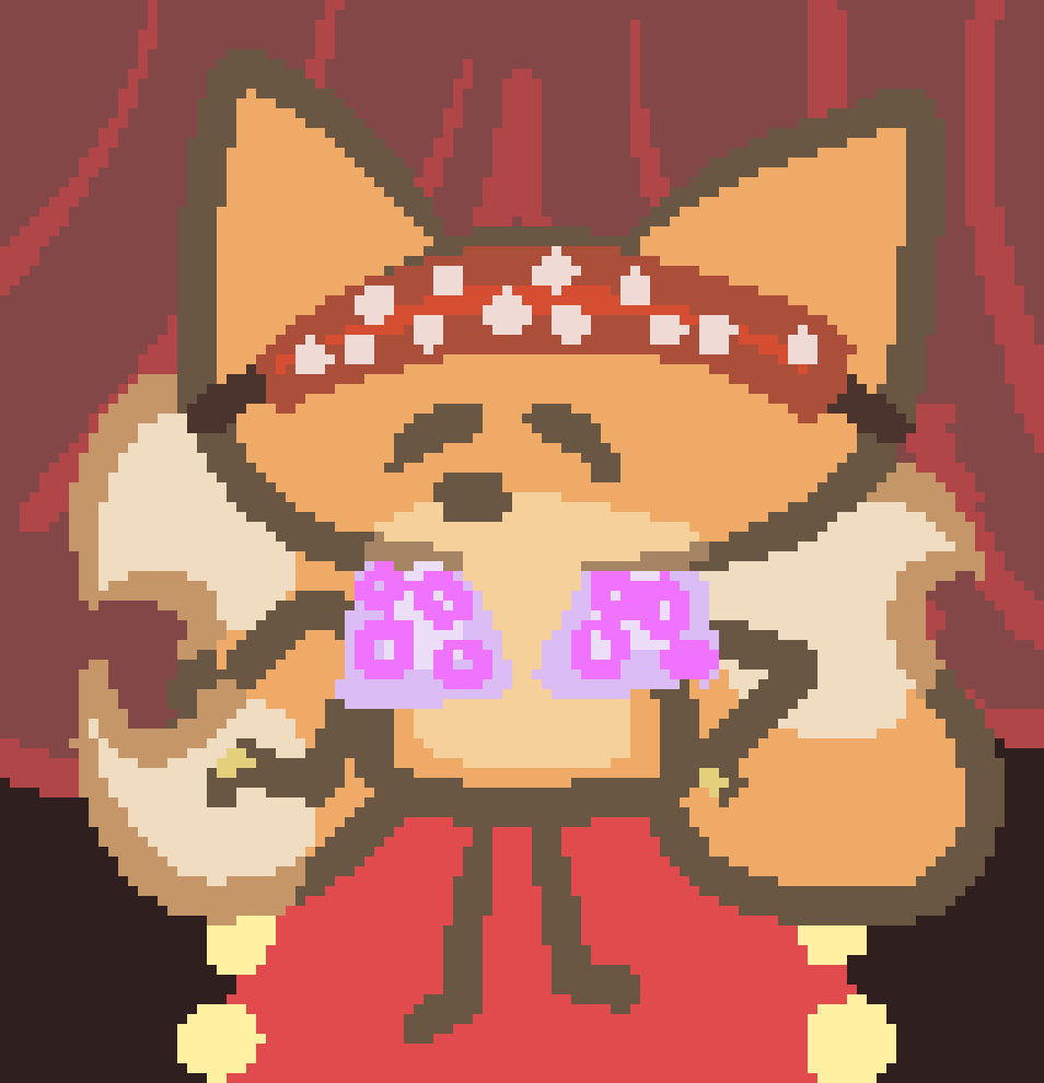 bee standing all fancy on a runway with a red and white polka-dotted wheat bag strapped to star head, and a purple and pink ringed wheat bag over star sholders