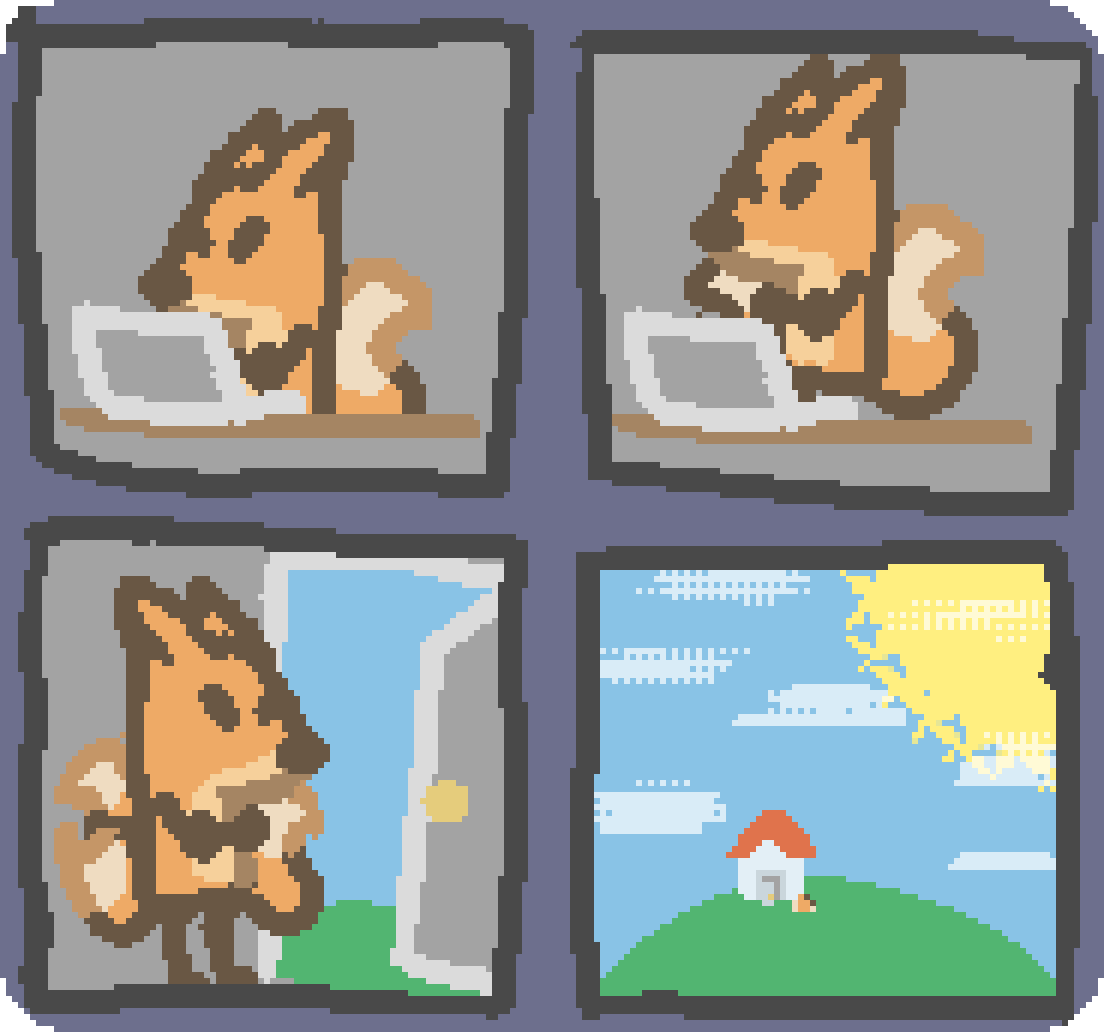 four panel comic of bee getting grumpy at a computer, standing up, and walking outside, grumpy the whole time.