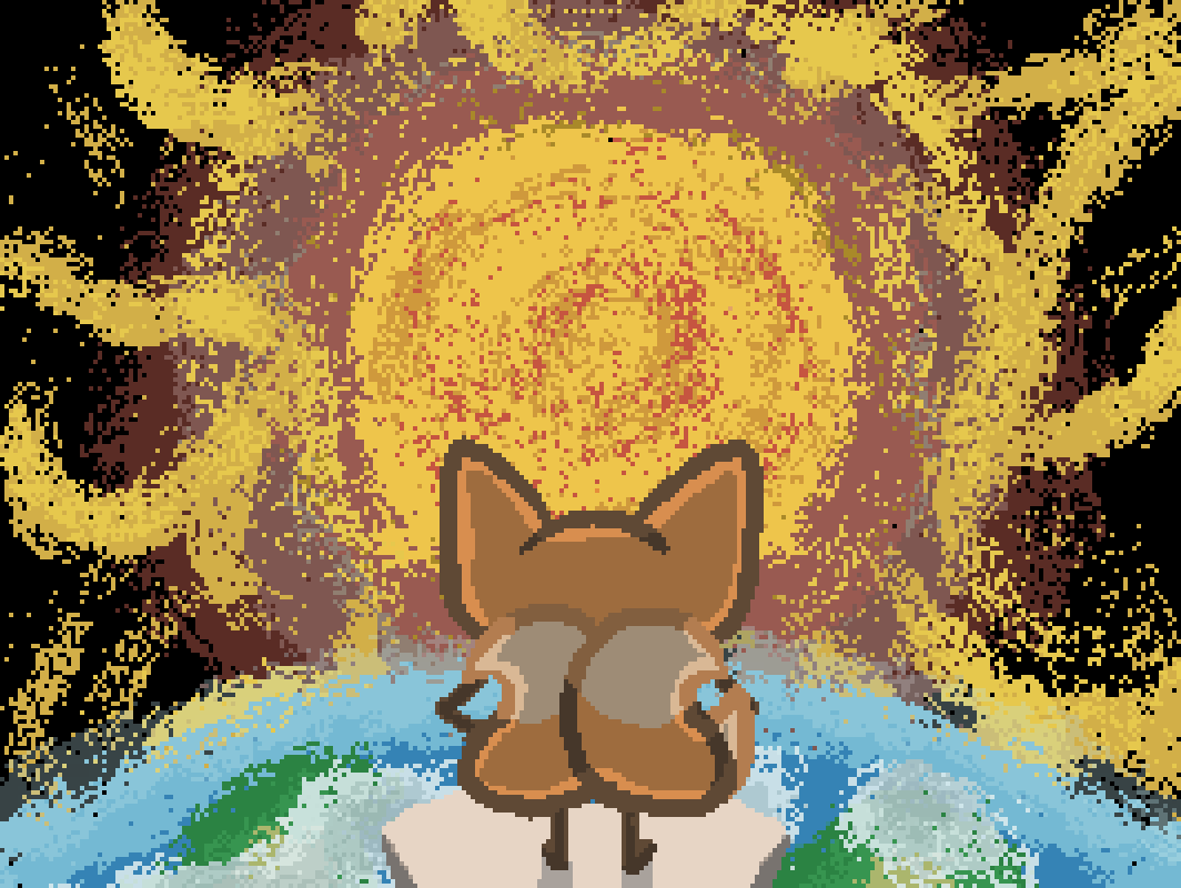 bee standing on a small floating white island far above the earth, looking out toward the large looming sun as it begins its journey below the horizon