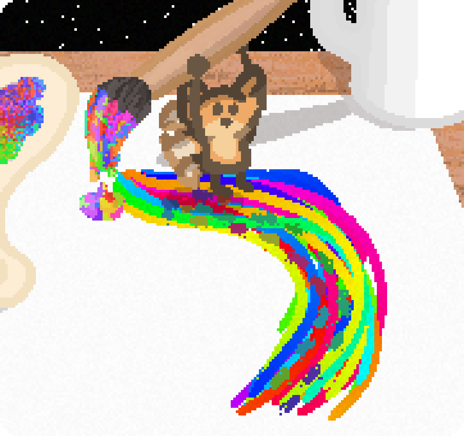 bee having just made a large stroke of paint with many colours on the brush, star has also stepped in the paint and it is dripping off the brush