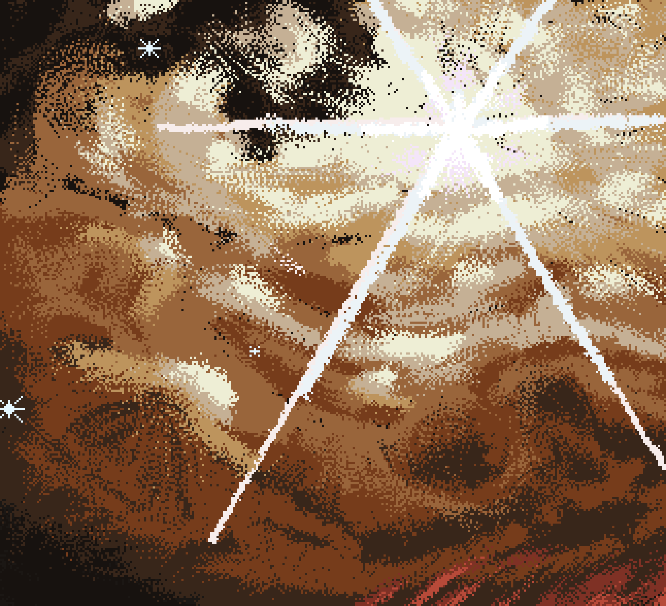 a red orange and yellow swirling mass of interstellar gasses surrounding several stars. rendered in pixel art