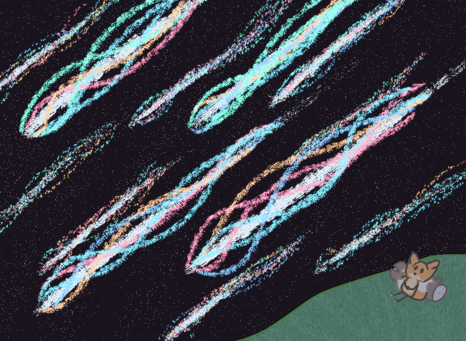 bee watching a meteor shower, the meteors are leaving extremely vivid and bright trails