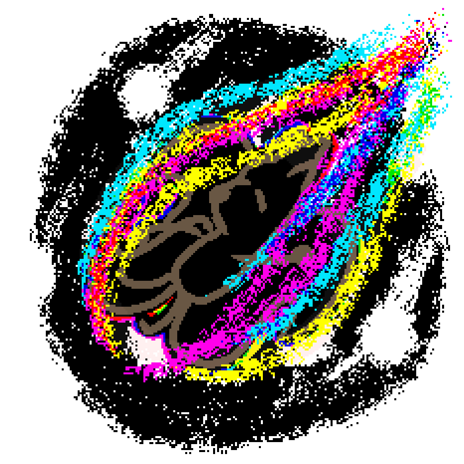 bee, covered in neon rainbow flames, falling through the atmosphere alongside several other shooting stars