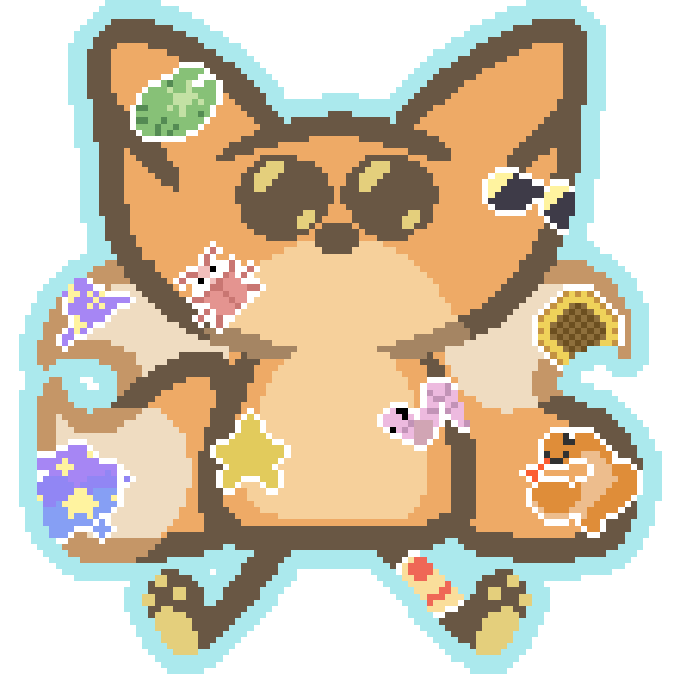 bee looking upwards with shiny eyes, covered in various stickers