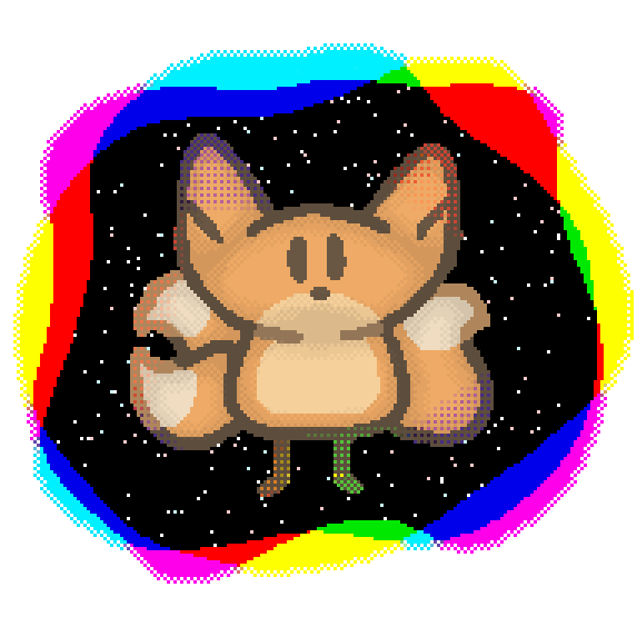 beefox, a orange fox-like creature with three tails, standing in a multicoloured portal leading to space